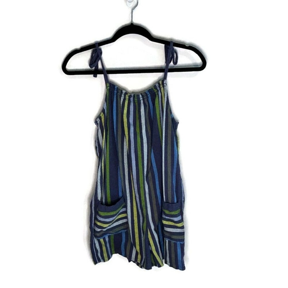 Aerie Striped Tie Shoulder Romper Blue Green XS Pockets Cotton Blend Summer
